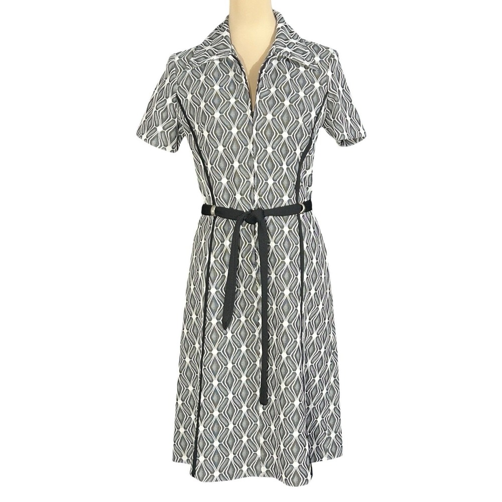 Vintage  Mod Op Illusion Black , Gray & White Geometric Daggar Dress  S/M
